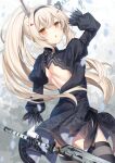  1girl ayanami_(azur_lane) azur_lane bangs black_dress black_legwear blush breasts commentary_request cosplay dress eyebrows_visible_through_hair gloves hair_between_eyes hair_ornament headgear high_ponytail long_hair looking_at_viewer nier_(series) nier_automata ponytail puffy_sleeves red_eyes retrofit_(azur_lane) sidelocks skirt solo sugisaki_yuu sword thighhighs weapon yorha_no._2_type_b yorha_no._2_type_b_(cosplay) 