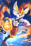  1boy animal_ears animal_nose arm_up blue_background blue_fur body_fur buck_teeth bunny_ears bunny_tail cinderace clenched_hand commentary_request day_walker1117 fire fireball full_body furry gen_8_pokemon happy highres kicking leg_up male_focus navel one-hour_drawing_challenge open_mouth pawpads paws pectorals pokemon pokemon_(creature) red_eyes red_fur red_hair short_hair smile solo standing standing_on_one_leg stomach tail white_fur 
