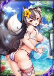  1girl animal_ears ass ball bare_shoulders beach beachball bikini bikini_pull black_hair blue_sky breasts clothes_pull collaboration flower fox_ears fox_girl fox_tail hair_flower hair_ornament holding holding_ball jewelry looking_at_viewer medium_breasts multicolored_hair multiple_tails necklace official_art open_mouth orange_eyes palm_tree ray-akila shinkai_no_valkyrie shinki_kakusei_melty_maiden side-tie_bikini sky sunlight swimsuit tail tree two-tone_hair white_bikini 