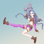  1girl 26th ankle_boots bangs bare_shoulders blue_hair boots braid breasts brown_footwear brown_gloves bullet elbow_gloves fingerless_gloves gloves gradient gradient_background green_background grin highres holding holding_weapon jinx_(league_of_legends) league_of_legends leg_up long_hair looking_at_viewer looking_to_the_side navel pink_shorts rocket_launcher shiny shiny_hair shorts single_thighhigh small_breasts smile solo stomach tattoo teeth thighhighs twin_braids very_long_hair weapon 