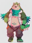  absurd_res anthro belly bottomwear canid canine canis clothing cosplay cu_sith_(tas) domestic_dog eyebrows fur green_body green_fur heylaw21 hi_res live-a-hero male mammal mokdai overweight scarf shorts solo thick_eyebrows tokyo_afterschool_summoners video_games 