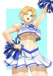  1girl anagumasan arm_up armpits blonde_hair blue_eyes blue_mary breasts cheering cheerleader clothes_writing crop_top crop_top_overhang fatal_fury highres holding holding_pom_poms midriff miniskirt navel one_eye_closed open_mouth pleated_skirt pom_poms shirt shoes short_hair skirt sleeveless sleeveless_shirt smile sneakers solo standing standing_on_one_leg takaramonozu the_king_of_fighters 