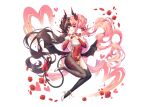  albinoraccoon blush breasts brown_hair chinese_clothes chinese_dress cleavage dress fang flowers heart horns long_hair orange_eyes original pantyhose petals pink_hair pointed_ears ribbons rose signed tail thighhighs twintails white wings 