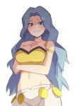  1girl blush breasts cleavage commentary_request elite_four from_below grey_eyes grey_hair highres karen_(pokemon) kiwi_of_ruin korean_commentary long_hair looking_at_viewer midriff navel pants parted_lips pokemon pokemon_(game) pokemon_hgss raised_eyebrows simple_background smile solo very_long_hair white_background white_pants 
