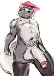  abs absurd_res anthro balls biceps canid canine canis clothed clothing erazorrazor flaccid fur genitals girly grey_body grey_fur hair hi_res legwear male mammal muscular muscular_anthro muscular_male nipples pecs penis red_hair simple_background smile solo thigh_highs white_body white_fur wolf 