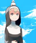  1girl akisas99 animal_on_head aqua_eyes bangs bird bird_on_head blonde_hair blue_sky blush catholic cloud cloudy_sky duck habit little_nun_(diva) long_sleeves nun on_head shadow signature sky smile solo upper_body 