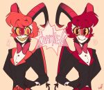  anthro bovid caprine clothed clothing dazzle_(vivzmind) dialogue duo fangs fur goat hair hazbin_hotel hi_res honromi horn humanoid_face male mammal multicolored_body multicolored_fur open_mouth open_smile razzle_(vivzmind) red_body red_fur red_hair simple_background smile speech_bubble two_tone_body two_tone_fur white_body white_fur 