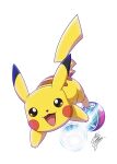  brown_eyes gen_1_pokemon marco_albiero open_mouth pikachu poke_ball poke_ball_(basic) pokemon pokemon_(creature) signature simple_background smile white_background 