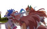  3girls ahoge animal_ears blue_eyes blue_hair brown_hair green_eyes hairband hood hoodie horse_ears horse_tail long_hair mihono_bourbon_(umamusume) motion_blur multiple_girls orange_hair profile racing running sharp_teeth silence_suzuka_(umamusume) sweat tail teeth twin_turbo_(umamusume) twintails umamusume white_background yaneko_uta 