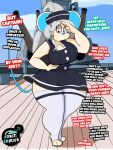  2019 absurd_res anthro battleship big_breasts bottomwear breasts cleavage clothed clothing curvy_figure detailed_background dialogue digital_media_(artwork) english_text female fur gesture grey_hair hair hi_res hourglass_figure huge_breasts inkit89 lilly_(inkit89) looking_at_viewer mammal mouse murid murine navy navy_uniform offscreen_character red_eyes rodent sailor_hat salute ship skirt solo text thick_thighs vehicle voluptuous warship watercraft white_body white_fur wide_hips 