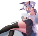  1girl animal_ear_fluff animal_ears aqua_eyes arm_up armpits asymmetrical_legwear bangs black_legwear black_skirt breasts canteen clothing_cutout dated fox_ears fox_girl fox_tail grey_hair hair_between_eyes highres hololive kneehighs looking_at_viewer lying medium_hair miniskirt no_bra on_side open_mouth pleated_skirt shirakami_fubuki shirt sideboob signature silver_hair single_kneehigh single_thighhigh skindentation skirt solo tail tail_cutout thighhighs upper_teeth virtual_youtuber white_shirt yukikaze152 