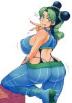  1girl areolae ass birthmark black_hair blue_footwear blue_pants blue_shirt breasts butt_crack butterfly_tattoo crop_top g-string green_eyes green_hair green_lips green_nails highres jojo_no_kimyou_na_bouken kujo_jolyne large_areolae large_breasts lipstick looking_at_viewer looking_back makeup multicolored_hair pants pinkkoffin shirt sideboob simple_background sleeveless sleeveless_shirt stone_ocean tattoo thick_thighs thighs thong tight tight_pants tongue tongue_out two-tone_hair white_background 