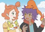  1boy 1girl :d bangs blush bright_pupils buttons charmander cloud commentary_request day eye_contact eyelashes fire flame gen_1_pokemon gen_8_pokemon holding holding_pokemon jacket leon_(pokemon) long_sleeves looking_at_another on_head open_clothes open_jacket open_mouth outdoors pokemon pokemon_(anime) pokemon_(creature) pokemon_on_head pokemon_swsh_(anime) punico_(punico_poke) short_hair sky smile sonia_(pokemon) tongue yamper younger 