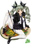  1girl anchovy_(girls_und_panzer) anzio_(emblem) anzio_school_uniform arm_support artist_name bangs belt black_belt black_cape black_footwear black_neckwear black_ribbon black_skirt cape closed_mouth commentary dated dress_shirt drill_hair emblem eyebrows_visible_through_hair gabri-l girls_und_panzer green_hair hair_ribbon hand_on_own_knee holding knee_up legs loafers long_hair long_sleeves looking_at_viewer miniskirt necktie pantyhose pleated_skirt red_eyes ribbon riding_crop school_uniform shirt shoes signature simple_background sitting skirt smile solo twin_drills twintails twitter_username white_background white_legwear white_shirt wing_collar 