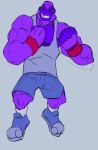  ape aperil bottomwear clothing fangs fur gokong gorilla gorilla_boxing_day haplorhine hi_res himbo hotpants male mammal muscular primate purple_body purple_fur purple_skin red_eyes shirt shorts tank_top topwear tusks 