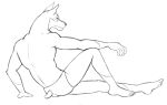  anthro barefoot black_and_white briefs butt canid canine canis clothed clothing dobermann domestic_dog facing_rear feet hand_on_ground male mammal monochrome pinscher short_tail simple_background sitting sketch solo thegreatmatsutzu topless underwear white_background 