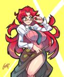  1girl bespectacled breasts cowboy_shot gerph glasses hand_up juliet_sleeves large_breasts long_hair long_sleeves necktie puffy_sleeves red_hair semi-rimless_eyewear signature solo teacher tengen_toppa_gurren_lagann under-rim_eyewear very_long_hair yellow_eyes yoko_littner yomako 