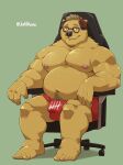  2021 absurd_res anthro belly black_nose brown_body brown_fur bulge chair clothing eyewear fur furniture glasses headphones hi_res humanoid_hands jumperbear kemono male mammal moobs musclegut navel nipples overweight overweight_male simple_background sitting solo underwear ursid 