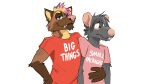  16:9 2021 anthro biped brown_body brown_fur clothed clothing digital_media_(artwork) duo ear_piercing english_text fur grey_body grey_fur grey_hair hair hi_res mammal mohawk mouse murid murine piercing pink_clothing pink_hair red_clothing rodent rosphix shirt simple_background standing text text_on_clothing topwear white_background widescreen 