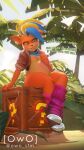  3d_(artwork) activision bandicoot beach belly big_belly blush boots breasts clothed clothing crash_bandicoot_(series) crate day dialogue digital_media_(artwork) ear_piercing female footwear fur green_eyes hair hand_on_stomach hi_res jacket looking_at_self mammal marsupial multicolored_body multicolored_fur multicolored_hair neck_scarf nipples open_clothing open_jacket open_topwear orange_body orange_fur outside owo_sfm piercing pink_nipples plant pregnant pregnant_female sand seaside source_filmmaker tawna_bandicoot tomboy topwear tree video_games yellow_body yellow_fur 
