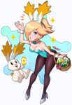  1girl absurdres animal_ears basket blonde_hair blue_eyes bow bowtie breasts bunny bunny_ears bunny_tail cleavage collarbone cuffs earrings easter_egg egg eyelashes fire_flower full_body high_heels highres jewelry looking_at_viewer mario_(series) one_eye_covered playboy_bunny ponytail rosalina sarukaiwolf signature sleeveless standing star_(symbol) star_bunnies star_earrings super_mario_galaxy tail thighhighs thighs yoshi_egg 