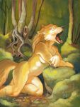  2017 anthro biped black_lips breasts canid canine canis detailed_background eyes_closed fangs female forest fur humanoid_hands lips mammal navel nude oil_painting_(artwork) open_mouth outside painting_(artwork) plant scale_(artist) solo tongue traditional_media_(artwork) tree whiskers white_body white_fur wolf yawn yellow_body yellow_fur 