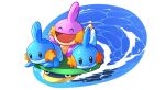  afloat alternate_color blue_eyes closed_eyes closed_mouth commentary_request gen_3_pokemon lotad mudkip no_humans open_mouth pokemon pokemon_(creature) punico_(punico_poke) riding_pokemon ripples shiny_pokemon smile swimming tongue water |d 