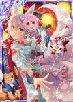  1girl animal_ears back collaboration corn falkyrie_no_monshou festival floral_print fox fox_ears fox_girl fox_tail green_eyes japanese_clothes kimono lantern lantern_festival mask multiple_tails natsumekinoko night night_sky official_art paper_lantern shinkai_no_valkyrie sky sky_lantern tail white_hair 