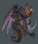  claws dragon fantasy flying full_body grey_background highres horns looking_at_viewer monster multiple_legs multiple_wings nishiki_areku no_humans open_mouth orange_eyes original scales sharp_teeth simple_background solo spikes tail teeth tongue torn_wings wings 