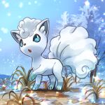  absurdres alolan_form alolan_vulpix bangs blue_sclera blue_sky colored_sclera commentary day day_walker1117 full_body gen_7_pokemon grass highres looking_up open_mouth outdoors pokemon pokemon_(creature) short_hair sky snow snowing standing tree white_eyes white_hair 