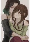  2girls absurdres bare_shoulders black_hair brown_eyes brown_hair eyebrows_visible_through_hair eyes_visible_through_hair gaen_izuko gaen_tooe green_hair green_shirt highres hug izu_lemon jewelry long_hair looking_at_another monogatari_(series) multicolored_hair multiple_girls red_eyes shirt short_hair siblings sisters strap_slip 