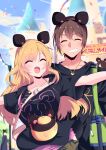  1boy 1girl animal_ears bag black_shirt blonde_hair brown_hair building closed_eyes collarbone eyebrows_visible_through_hair grin highres himiya_jouzu jewelry long_hair mouse_ears necklace open_mouth original shirt shoulder_bag smile t-shirt 