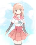  black_legwear blue_ribbon blush braid cloud cloudy_sky highres kamihama_university_affiliated_school_uniform magia_record:_mahou_shoujo_madoka_magica_gaiden mahou_shoujo_madoka_magica pink_eyes pink_hair red_serafuku red_skirt ribbon rikopin school_uniform skirt sky tamaki_iroha 