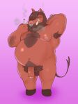  2021 absurd_res anthro balls belly flaccid genitals hi_res loafbeaw male mammal moobs navel nipples overweight overweight_male penis simple_background smoking solo suid suina sus_(pig) wild_boar 