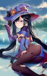  ass genshin_impact leotard mona_(genshin_impact) no_bra pantyhose rimuu torn_clothes witch 