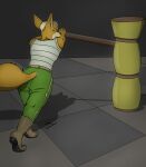  anthro black_nose blonde_hair boots canid canine clothed clothing eyes_closed footwear fox fox_mccloud fur hair hi_res male mammal nintendo rear_view sailoranna solo star_fox video_games yellow_body yellow_fur 
