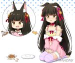  1girl ^^^ animal_ear_fluff animal_ears arrow_(symbol) azur_lane bangs bare_shoulders black_hair blush bow brown_eyes chibi collarbone commentary_request curry curry_rice dropping ears_down eyebrows_visible_through_hair flower food fox_ears fox_girl fox_tail fur-trimmed_shorts fur_trim hair_flower hair_ornament halftone halftone_background hands_on_lap jacket long_sleeves miicha nagato_(azur_lane) no_shoes off_shoulder open_mouth pink_jacket plate puffy_long_sleeves puffy_sleeves red_bow red_flower rice seiza shadow short_shorts shorts sitting sleeves_past_wrists soles striped striped_legwear tail tears thighhighs twitter_username wavy_mouth white_background yellow_eyes yellow_shorts 