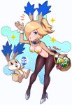  1girl absurdres animal_ears basket blonde_hair blue_eyes bow bowtie breasts bunny bunny_ears bunny_tail cleavage colored_skin cuffs earrings egg eyelashes fire_flower full_body headband high_heels highres jewelry looking_at_viewer mario_(series) meme_attire one_eye_covered playboy_bunny ponytail reverse_bunnysuit reverse_outfit rosalina sarukaiwolf signature sleeves standing star_(symbol) star_bunnies star_earrings super_mario_galaxy tail thighhighs white_skin yoshi_egg 