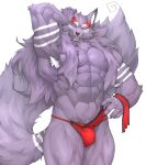  abs absurd_res anthro armpit_hair biceps body_hair bottomwear canid canine canis captainjohkid clothing fur hi_res loincloth male mammal muscular muscular_anthro muscular_male one_eye_closed pecs purple_body purple_fur red_eyes simple_background solo wink 