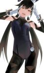  1girl animal_ear_fluff animal_ears black_hair bodysuit breasts brown_eyes bunny_ears gloves head_tilt highres kuroi_enpitsu looking_at_viewer open_mouth phantasy_star phantasy_star_online_2 small_breasts solo twintails white_gloves x_x yellow_eyes 