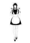  1girl alternate_costume apron choker closed_mouth commentary datsuko_(momojam_koubou) dress enmaided expressionless frilled_dress frills full_body greyscale highres holding holding_ribbon long_hair looking_at_viewer maid maid_apron maid_headdress mary_janes monochrome neck_ribbon puffy_short_sleeves puffy_sleeves ribbon shoes short_sleeves sidelocks simple_background solo spy_x_family standing thighhighs white_background yoru_briar zettai_ryouiki 