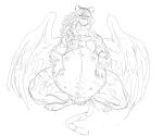  ambiguous_gender belly big_belly felid fur grindavikbydaylight hair hand_on_stomach long_hair mammal monochrome muscular mythological_sphinx mythology overweight simple_background sitting solo white_background wings 