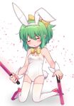  1girl alternate_costume animal_ears bangs blush bow bowtie bunny_ears bunny_tail closed_eyes commentary_request cookie_(touhou) daiyousei detached_collar diyusi_(cookie) dual_wielding eyebrows_visible_through_hair fake_animal_ears fake_tail full_body green_hair hair_between_eyes hair_bow hairband high_heels holding kneeling leotard looking_at_viewer medium_hair open_mouth playboy_bunny ponytail red_footwear shiny shiny_hair solo strapless strapless_leotard tail thighhighs touhou traffic_baton white_background white_hairband white_legwear white_leotard wing_collar wrist_cuffs xox_xxxxxx yellow_bow 