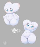  2021 anthro better_version_at_source big_butt blue_eyes blush butt female flat_chested grey_background hands_behind_head hi_res keyhat_tk10 mammal navel nude open_mouth short_stack simple_background solo thick_thighs tiril unknown_species white_body 