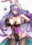  1girl animal_ears bare_shoulders black_gloves breasts bunny_ears bunny_tail camilla_(fire_emblem) camilla_(spring)_(fire_emblem) choker cleavage collarbone cowboy_shot fake_animal_ears fire_emblem fire_emblem_fates flower frilled_choker frills gloves gold_trim gonzarez hair_flower hair_ornament hair_over_one_eye highres large_breasts leotard long_hair pantyhose purple_hair simple_background solo spoken_squiggle squiggle strapless strapless_leotard tail underbust white_background 