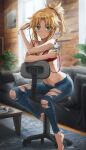  1girl bangs blonde_hair blue_pants blush bra bracelet braid breasts cellphone chair collarbone denim earbuds earphones fate/apocrypha fate_(series) french_braid green_eyes highres jeans jewelry long_hair looking_at_viewer mordred_(fate) mordred_(fate)_(all) navel pants parted_bangs phone ponytail red_bra sidelocks sitting small_breasts smile tonee torn_clothes torn_jeans torn_pants underwear 