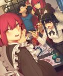  1boy 5girls :d absurdres alcohol apron bangs black_hair blue_eyes blush bottle bow bowtie breasts brown_eyes cup drinking drunk dutch_angle eyebrows_visible_through_hair frilled_apron frills glasses hairband half-closed_eyes hand_on_own_cheek hand_on_own_face hand_up highres hisui_(tsukihime) holding holding_cup indoors juliet_sleeves kohaku_(tsukihime) lamp len_(tsukihime) long_hair long_sleeves looking_at_viewer looking_back maid maid_headdress multiple_girls open_mouth pleated_skirt pouring puffy_sleeves round_eyewear shirt sidelocks skirt smile table tohno_akiha tohno_shiki tsukihime wa_maid when_you_see_it window yumizuka_satsuki 