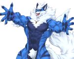  abs anthro armpit_hair biceps blue_body blue_fur body_hair canid canine canis captainjohkid ear_piercing eyewear fur glasses hair hi_res male mammal muscular muscular_anthro muscular_male pecs piercing simple_background solo stripes 