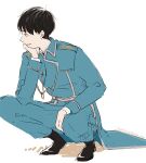  1boy 2019 aiguillette amestris_military_uniform ankle_boots arm_support black_eyes black_footwear black_hair blue_jacket blue_pants boots collared_jacket dated elbow_rest facing_away full_body fullmetal_alchemist head_rest jacket jaga_rico jitome kneeling light looking_afar male_focus military military_uniform pants parted_lips profile roy_mustang simple_background twitter_username uniform white_background 