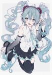  1girl amino_(li0a4) aqua_eyes aqua_hair aqua_nails aqua_neckwear aqua_ribbon bangs black_footwear black_legwear black_skirt blush boots detached_sleeves hair_between_eyes hair_ornament hatsune_miku hatsune_miku_(nt) headphones highres holding holding_hair long_hair looking_at_viewer nail_polish neck_ribbon open_mouth piapro pleated_skirt ribbon shirt simple_background skirt sleeveless sleeveless_shirt smile solo thigh_boots thighhighs twintails very_long_hair vocaloid white_shirt zettai_ryouiki 